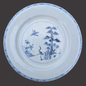 Chinese antique blue and white porcelain plate, Qianlong, 18th c #2572 松鹤延年