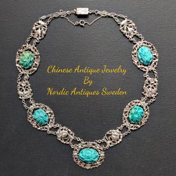 Chinese antique sterling silver and hand carved turquoise stones, early 20th c, #2577