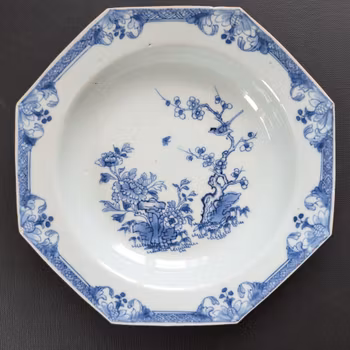 Chinese Antique blue and white porcelain plate, 18th C Yongzheng / Qianlong period 喜上眉梢 #2583