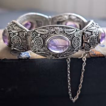 Chinese filigree handmade silver jewelry set with natural amethyst 5 pieces #2586