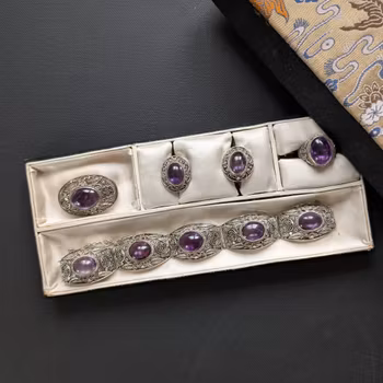 Chinese filigree handmade silver jewelry set with natural amethyst 5 pieces #2586