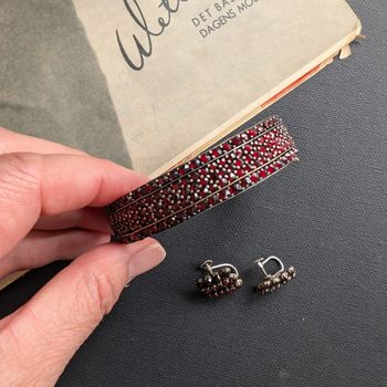 Antique Garnet Art Deco Bohemian Handmade Bracelet Bangle and earrings 3 pieces #2587