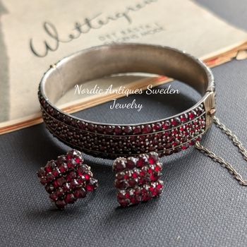 Antique Garnet Art Deco Bohemian Handmade Bracelet Bangle and earrings 3 pieces #2587