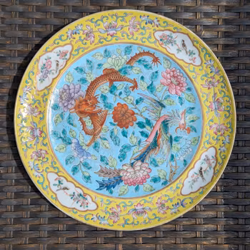 Chinese Antique porcelain plate with dragon and phoenix, 19th c #2628, Chinese antique iron red plate #2620,  Vintage vase from 50s- 60s  #2623