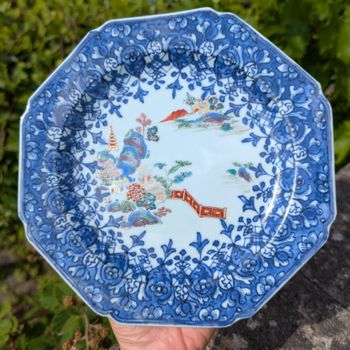Chinese antique blue and white and famille rose plate, Qianlong, 18th c #2653