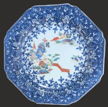 Chinese antique blue and white and famille rose plate, Qianlong, 18th c #2653