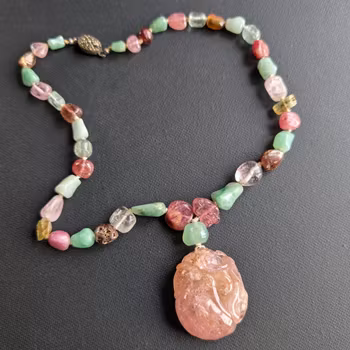 Vintage Chinese hand-carved mixed stones necklace, Mid 20th c, #2733