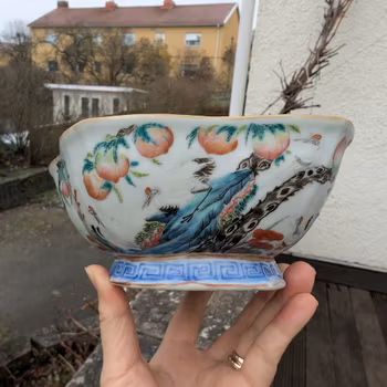 Chinese antique altar bowl, 19th c, Tongzhi M&P  鹤献桃 #2769