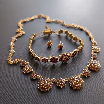 Vintage Bohemian Garnet Necklace + Bracelet + Earrings Set #2773
