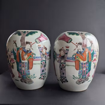 A mirrored pair of Chinese antique lidded jars with Fu Lu Shou decoration , 19th century #2787, #2788
