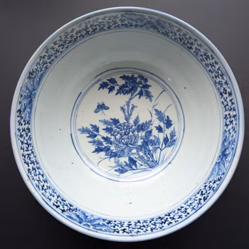 Large antique slip decorated punch bowl with underglazed blue and white interior, 19th c, #2793