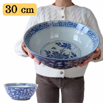 Large antique slip decorated punch bowl with underglazed blue and white interior, 19th c, #2793