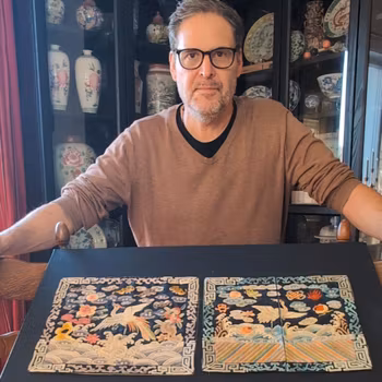 Two Chinese Silk Embroidered Rank Badges, Mandarin Square Buzi, Qing Dynasty #2801, 2802