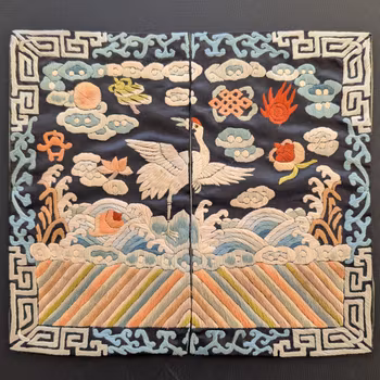 Two Chinese Silk Embroidered Rank Badges, Mandarin Square Buzi, Qing Dynasty #2801, 2802