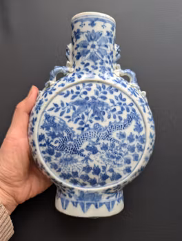 Chinese antique underglazed blue and white moon flask with dragon, Late Qing #2820
