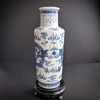 Chinese antique underglazed blue and white vase with dragons, Late Qing #2825