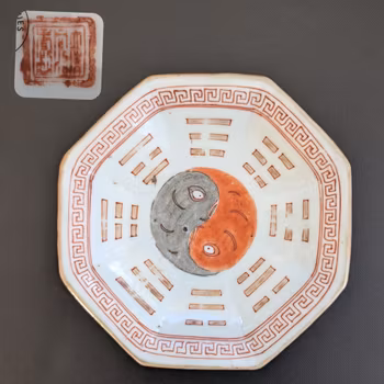Antique Chinese Famille Rose Porcelain Trigrams Yin Yang Octagonal Bagua Bowl,Tongzhi Mark #2837
