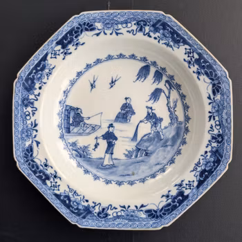 Chinese antique blue and white porcelain plate with fishermen, Qianlong, 18th c #2850
