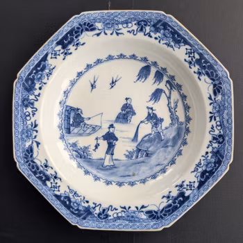 Chinese antique blue and white porcelain plate with fishermen, Qianlong, 18th c #2850