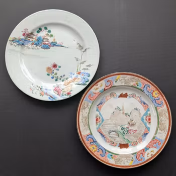 Two Chinese antique famille rose plate with landscape scenes, Qianlong period #2856, #2857 瑕疵品 &学习标本