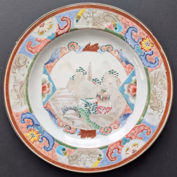 Two Chinese antique famille rose plate with landscape scenes, Qianlong period #2856, #2857 瑕疵品 &学习标本