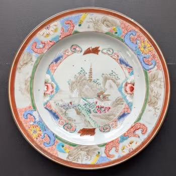Chinese antique famille rose plate with landscape scenes, Qianlong period #2858