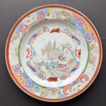 Chinese antique famille rose plate with landscape scenes, Qianlong period #2858