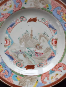 Chinese antique famille rose plate with landscape scenes, Qianlong period #2858