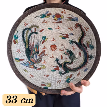 Large vintage Chinese porcelain charger dragon and phoenix Nanjing / Nanking Crackle ware #2861