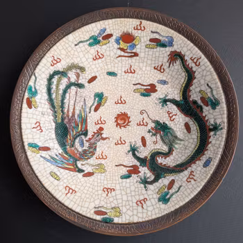 Large vintage Chinese porcelain charger dragon and phoenix Nanjing / Nanking Crackle ware #2861
