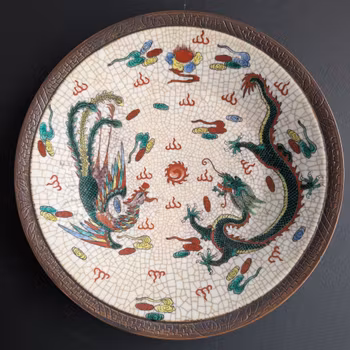 Large vintage Chinese porcelain charger dragon and phoenix Nanjing / Nanking Crackle ware #2861