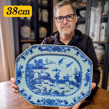 Antique Chinese blue and white platter with figures and a dog, Qianlong period #2862