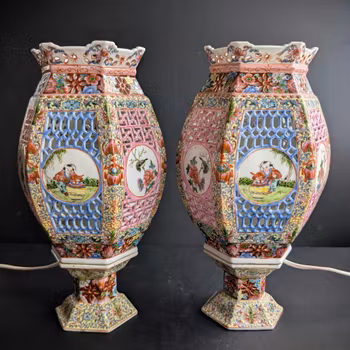 A pair of vintage Chinese Famille Rose Reticulated Wedding Lanterns #2863, 2865