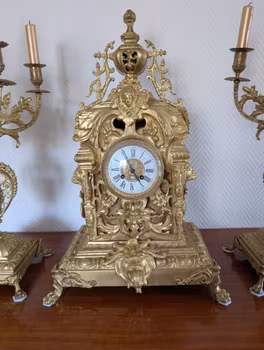 Large Napoleon III Gilt Bronze Mantel Clock With Matching Pair Of Candelabra, 19th Century