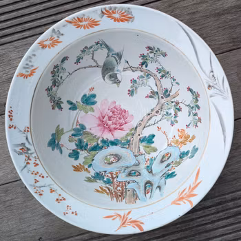 Chinese antique Qianjiang cai basin / handwash with 富贵白头 decoration, 19th c #2877