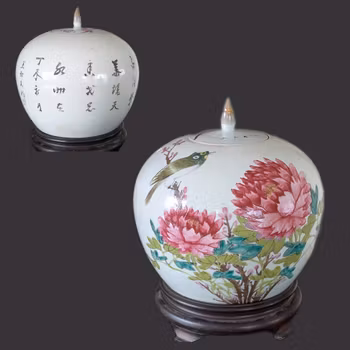 Chinese antique lidded jar with peonies and a bird , 19th century #2893