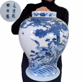 Chinese antique jar with decoration of two cranes, 19th c #2905 松鹤延年图