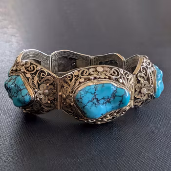 Chinese filigree handmade silver jewelry bracelet with natural turquoise #2912