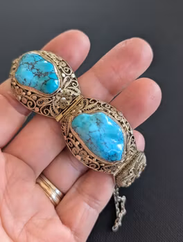 Chinese filigree handmade silver jewelry bracelet with natural turquoise #2912