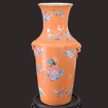 Chinese antique coral ground porcelain vase with flowers and insects, 19th c #2921