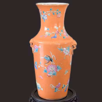 Chinese antique coral ground porcelain vase with flowers and insects, 19th c #2921