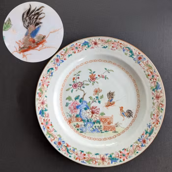 Chinese Antique famille rose plate with roosters and cricket, Qianlong Period #2922