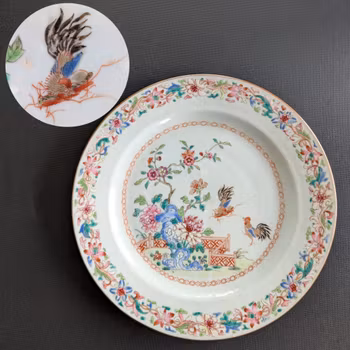 Chinese Antique famille rose plate with roosters and cricket, Qianlong Period #2922