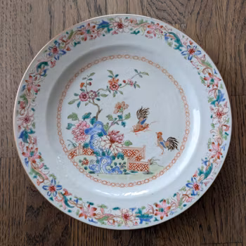 Chinese Antique famille rose plate with roosters and cricket, Qianlong Period #2922