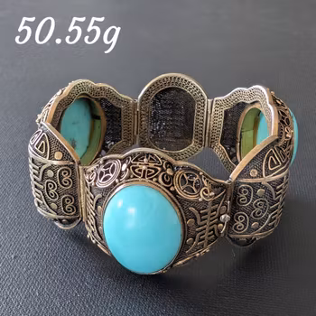 Chinese filigree handmade silver jewelry bracelet with natural turquoise #2926