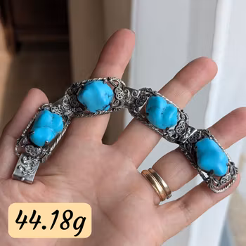 Antique Chinese handmade silver jewelry bracelet with natural turquoise , Republic period  #2929