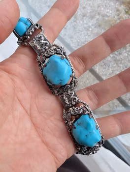 Antique Chinese handmade silver jewelry bracelet with natural turquoise , Republic period  #2929