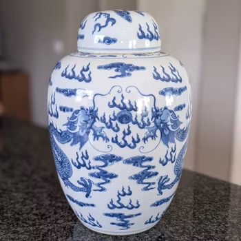 Large antique Chinese lidded jar with double dragons, Late Qing #2935