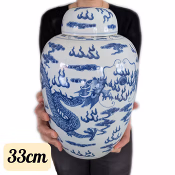 Large antique Chinese lidded jar with double dragons, Late Qing #2935