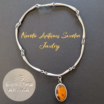 Unique Scandinavian design pewter necklace with Baltic amber #2939 (Free shipping)